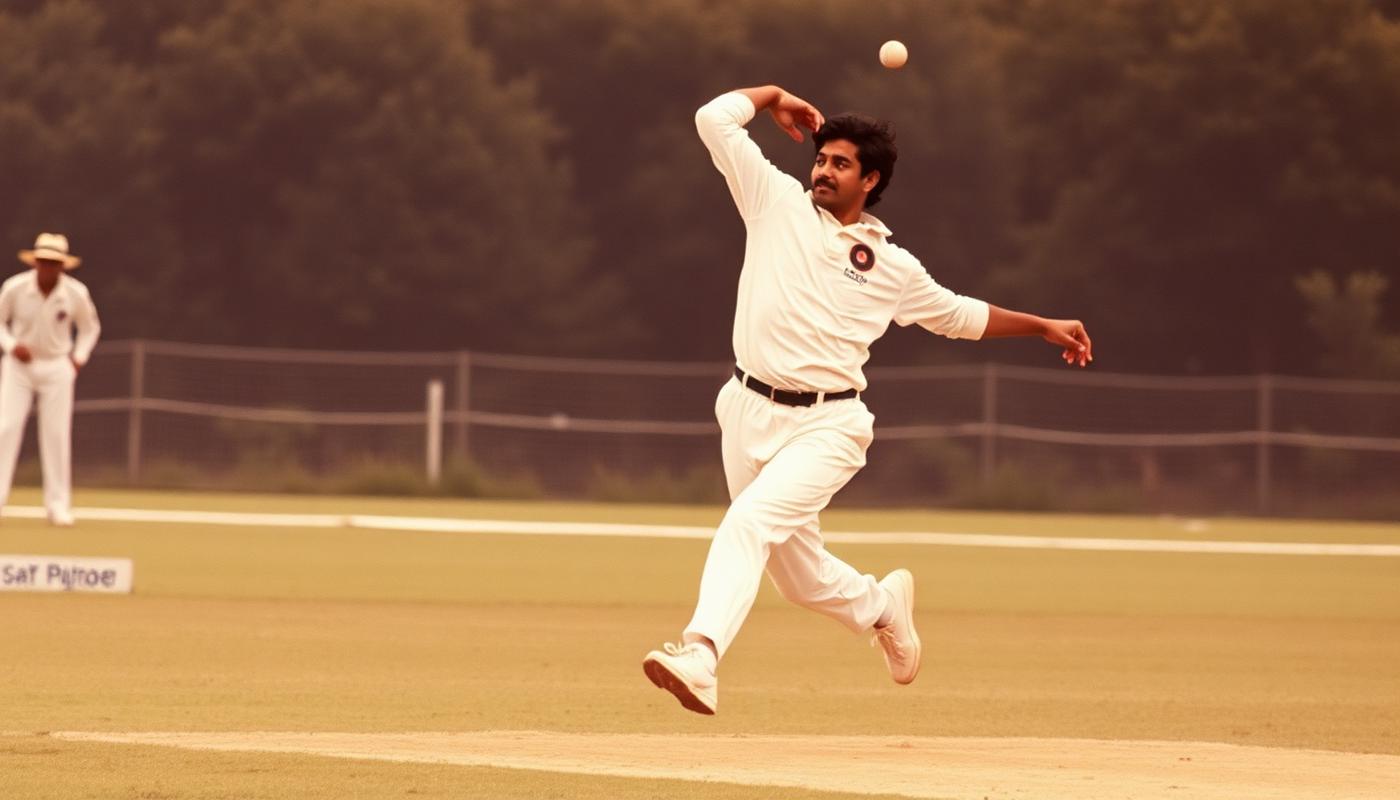 Historical action photograph of a fast bowler in delivery stride