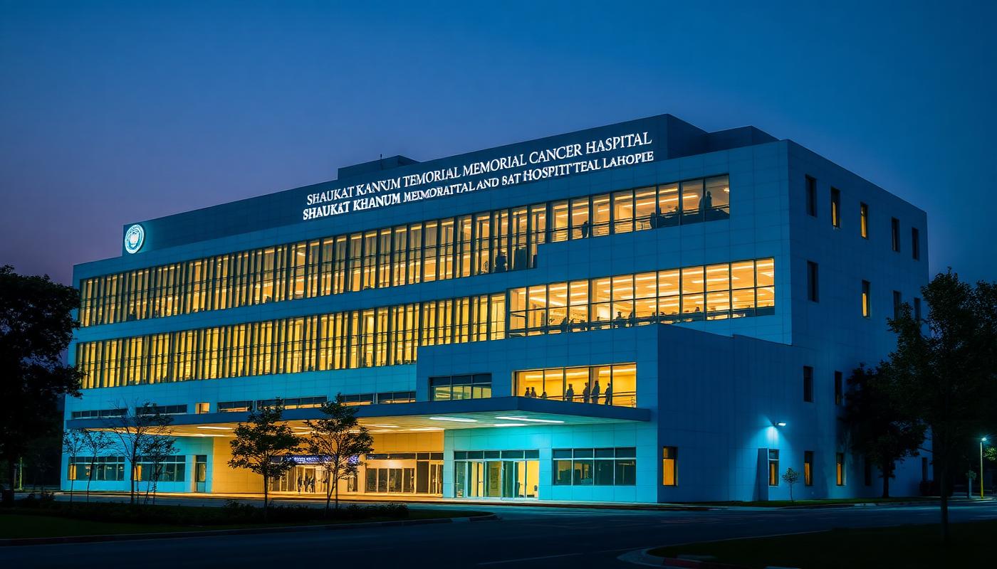 Shaukat Khanum Memorial Cancer Hospital lit at dusk
