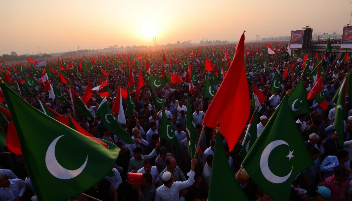 A vast political rally under a golden evening sky